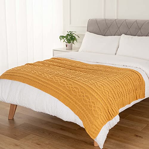 Battilo Mustard Yellow Throw Blanket For Couch, Sofa, 51"X67", Cable Knit Throw Blanket, Woven Chenille Throw Blankets For Bed, Fall Decor Boho Throw Blanket, Soft Warm Cozy Couch Blanket #TOP4