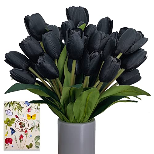 SNAIL GARDEN 3 Bunches/27pcs Black Artificial Flowers,Fake Silk Tulips Real Touch Faux Flowers Bouquet forHome Party Floral Arrangements Decor,Halloween Decorative Flowers