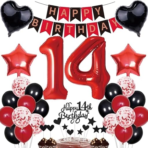 14 decoraciones de cumpleaños para niño y niña – regalo, decoración para tartas, pancarta de feliz cumpleaños, juego de decoración rojo y negro, número 14 globos de fiesta | Ya disponible en tu tienda friki favorita! En mundofriki.es!