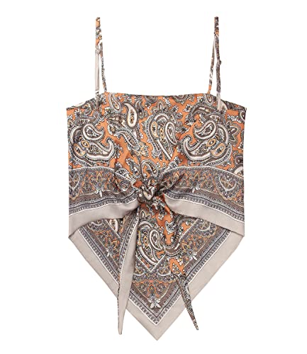 Arjungo Women's Paisley Print Tie Back French Knot Hanky Hem Spaghetti Straps Handkerchief Cami Bandana Tube Crop Top Apricot #TOP3