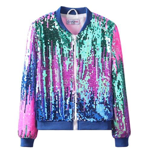 WELAKEN Girls' Ombre Sequin Bomber Jacket with Pockets Lightweight Sparkle Long Sleeve Zipper Gradient Jackets for Kid