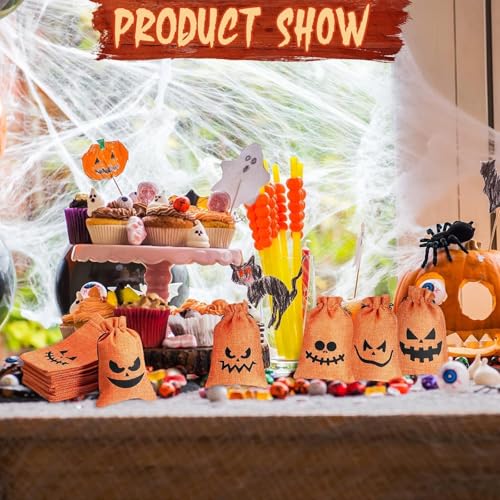 10 قطع من اكياس هدايا خيش اليقطين للهالوين مع رباط، اكياس هدايا خيش اليقطين برباط سحب من وينفر، اكياس حلوى من الكتان الجوت للهالوين، لوازم هدايا الحفلات (برتقالي)