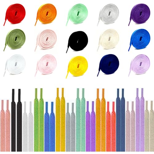 RiverValley 15-Color Nylon Shoelaces Pack Flat Colored Shoe Laces for Sneakers Skate Shoes Sport Shoes Boots (15-Color Pack, 1.4m (55'))