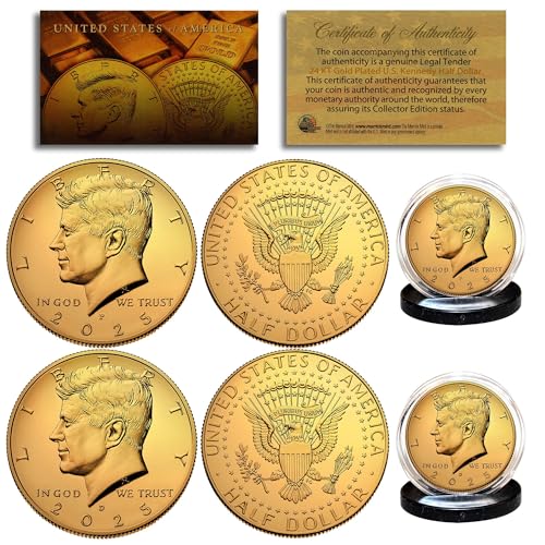 Gold Plated 2025 JFK Kennedy Half Dollar 2-Coin Set Both P&D Mint w/Capsules