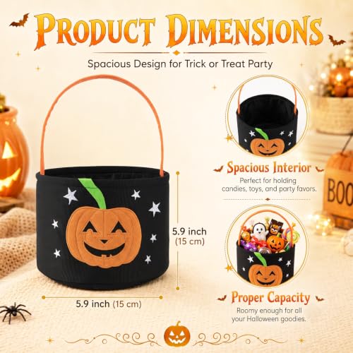OIASKET Halloween Trick or Treat Bucket,Halloween Pumpkin Basket Candy Bag for Kids Gift Basket-Black Pumpkin - image 2