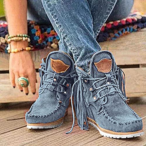 Hbeylia Boho Ankle Booties For Women Ladies With Fringes Ethnic Bohemian Vintage Suede Tassel Lace Up Wide Round Toe Chunky Bottom Heels Low Top Short Boots Retro Beach Slip On Dress Walking Shoes2