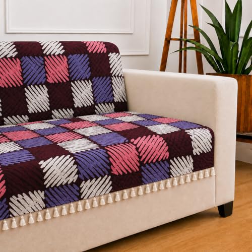 Image of STITCHNEST 'Frostvine Collection' 2 Seater Sofa Cover - Full Coverage| Cotton Quilted Fabric, Decorative Tassels, Washable & Durable for Modern Living