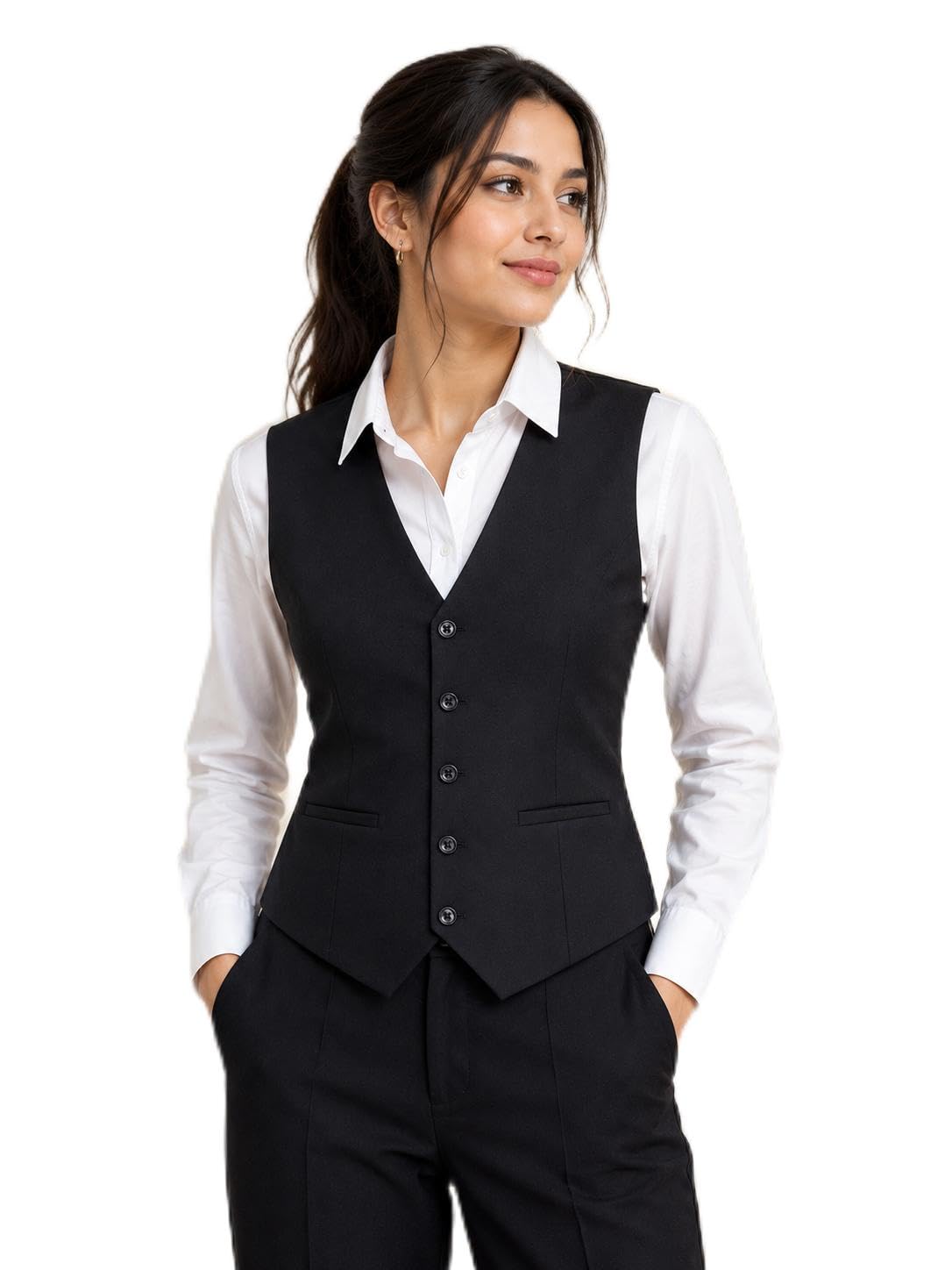 Women's Solid Black Formal Waistcoat with V-Neck-image-35