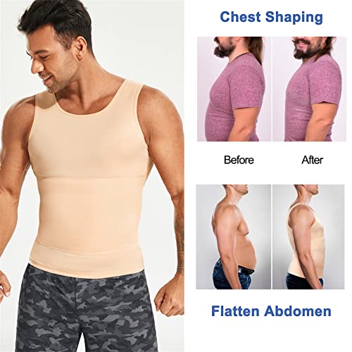 Mens Compression Shirt Slimming Body Shaper Vest Workout Tank Tops Abs Abdomen Undershirts (Beige, L) #TOP4