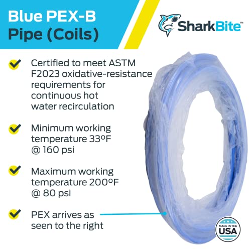 SharkBite U860B25 PEX Pipe 1/2 Inch, Blue, Flexible Water Pipe Tubing, Potable Water, Push-to-Connect Plumbing Fittings, 25 Feet of Coil Piping