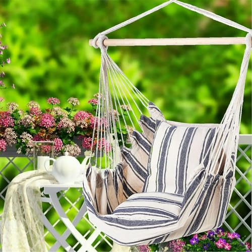 Gr8 Garden Blue And White Stripe Patio Hanging Rope Swing Chair Seat Porch Yard Hammock Bench With...