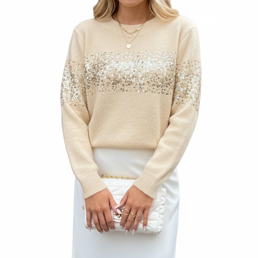 Womens Sequin Knit Sweater Crew Neck Long Sleeve Winter Holiday Plus Size Pullover Sparkle Top