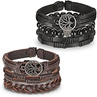 Mens Leather Bracelet 2 Pieces Wrap Cuff Bracelets Viking Jewellery for Men with Wood Beads Leather Wristbands for Men Adjustable Mens Braided Leather Bracelet