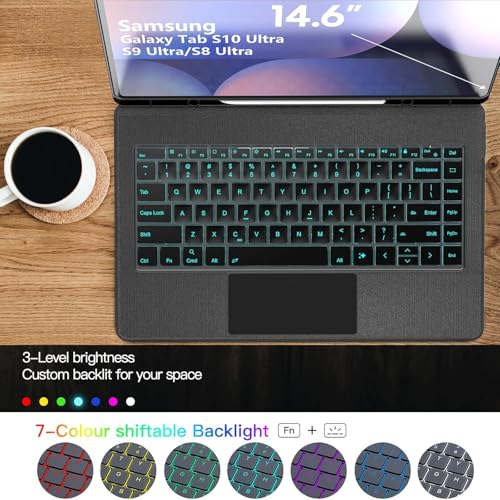 Image of for Samsung Galaxy Tab S10 Ultra Keyboard Case 14.6 inch, S Pen Holder, 7 Color Backlit Keyboard with Trackpad Detachable Sleeve Cover with Adjustable Viewing Angle Stand for Tablet S9 Ultra
