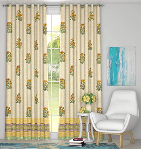 Image of BLOCKS OF INDIA Hand Block Printed Cotton Daylight Semi Sheer Curtains with Eyelets(Set of 2 Semi Sheer Curtains) (Yellow Flower, 7 Feet /Door)