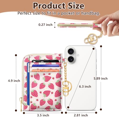 Image of GIANCOMICS Slim Wallet Credit Card Holder Women, Strawberry Rfid Blocking Small Card Case, Keychain Thin Pocket Curved Zipper Wallet, Travel Card Holder PU Leather ID Window, Ladies Female Gifts