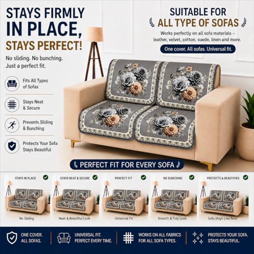 Image of Homerz 'Brooklyn Series' Premium Sofa Cover | Quilted Floral Design | Non-Slip Washable Sofa Protector | Soft Anti Slip Fabric (Grey, 2 Seater, Seat Cover with Backrest)
