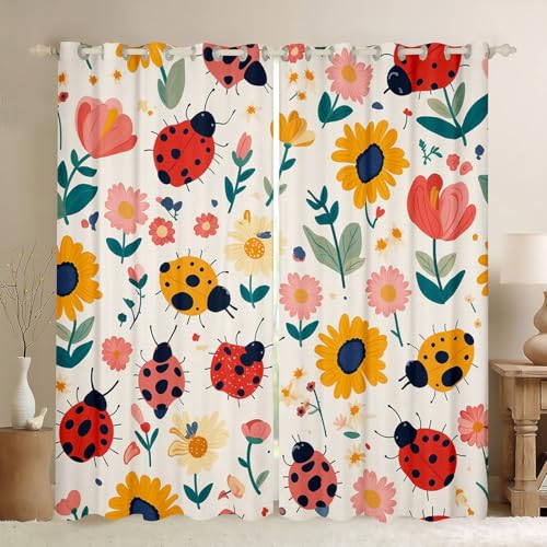 Image of Erosebridal Kids Red Ladybug Curtains Cartoon Ladybugs Blackout Curtains 52" Wx84 L 2 Panels, Reptile Beetles Curtains & Drapes for Boys Teens Adult, Flower Floral Rustic Window Treatments, Yellow