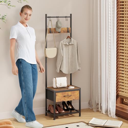 HOMEKOKO Narrow Coat Rack Shoe Bench, Hall Tree for Small Place with Drawer Storage, Shoe Bench with Cubby Storage, Wood Look Accent Furniture with Metal Frame, 3-in-1 Design (Rustic Brown)