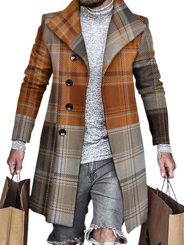 Men's Plaid Trench Coat Lapel Slim Fit Single Breasted Wool Blend Pea Coat Casual Winter Mid Long Jacket Overcoat