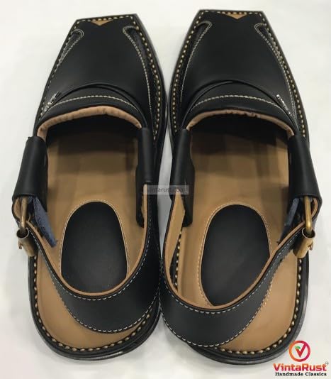 Handmade Leather Peshawari Chappal: Men's Black Casual Sandals3