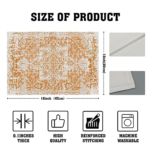Image of Gray Orange Boho Placemats Set of 4 Ethnic Bohemian Carpet Place Mats Washable Kitchen Dining Vintage Grey Geography Floral Linen Table Mats Stain Heat-Resistant Cloth Tabel for Home Party 12x18 in