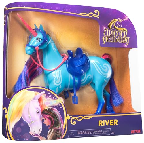 Unicorn Academy Einhorn River - ca. 28 cm großes Einhorn von Isabel zur beliebten Netflix-Serie, mit beweglichem Kopf, abnehmbarem Zaumzeug und Sattel für realistisches Rollenspiel, ab 4 Jahren