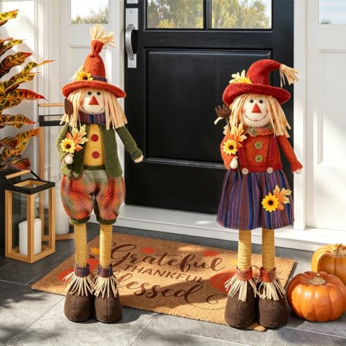 Juegoal 2 Pack Fall Decorations Large Scarecrows with Stretchable Legs, 28' Standing Scarecrow Thanksgiving Harvest Autumn Decor, Figurine Gifts for Home Housewarming Outdoor Farmhouse Porch