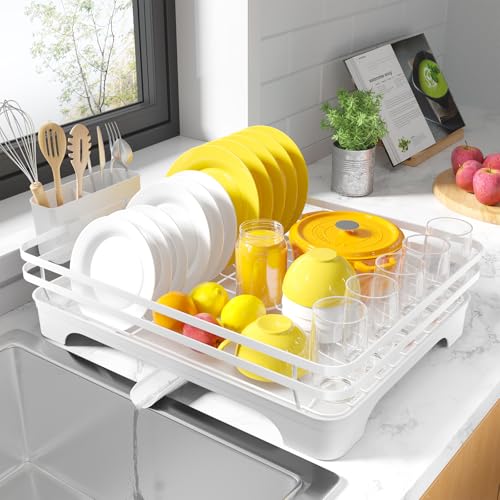 Kitsure Dish Drainer Rack - Multi-Functional Dish Rack for Kitchen Counter with Cutlery Holder Rust-Proof Storage Solution Dish Drainer with Rotatable 40.0cm x 30.5cm x 14.0cm White