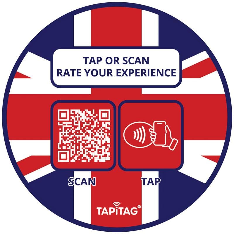 TAPiTAG Smart Business Hub – Tap or Scan to Access Your Business Info (Reviews, Menu, Socials, Bookings & More) – Contactless Display Sign with NFC, QR & Customisable Profile (UK Flag, PVC, 70mm)