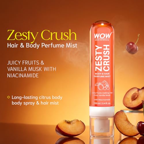 Image of WOW Skin Science Zesty Crush Unisex Body & Hair Perfume Mist | Juicy Fruity Vanilla Musk Fragrance with Niacinamide | Lightweight, Skin-Close Scent for Men & Women | Playful Everyday Perfume Mist | 100 ml