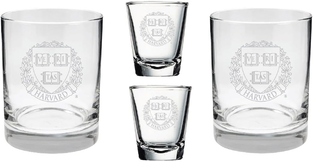RFSJ INC. Harvard 2-Sided, Satin Finish, Rock (or Whiskey) and Shot Glass - Set of 2
