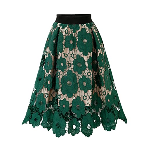 Women High Waist Pleated A-Line Knee Length Lace Midi Skirt Crochet Hollow Out Floral Print Flowy Vintage Skirts