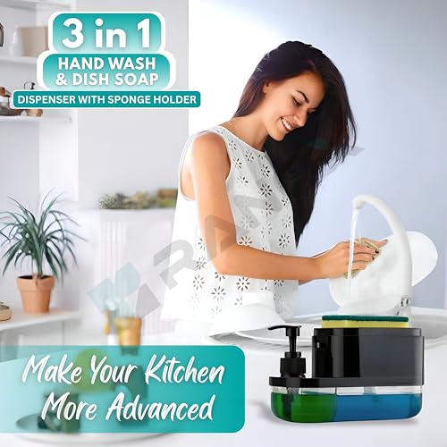 Image of Ranox Soap Dispenser for Kitchen Sink Accessories, Dish Wash Liquid Dispenser Pump 400ml with Sponge Holder, Bathroom Soap Dispensers, Kitchen Sink Organizer (Black (3 in 1))