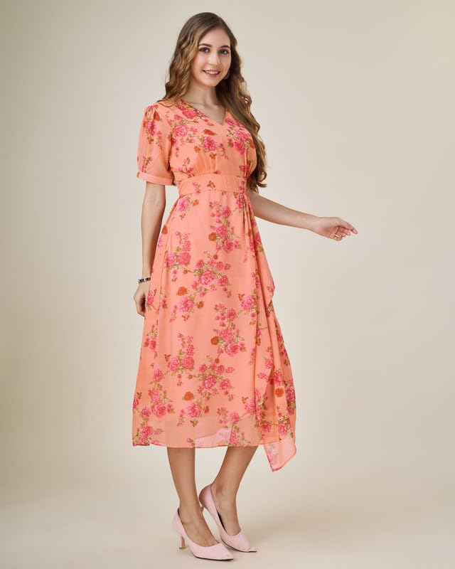 Image of MOJILAA Women's Orange Georgette Draped Floral Printed Flared Dress