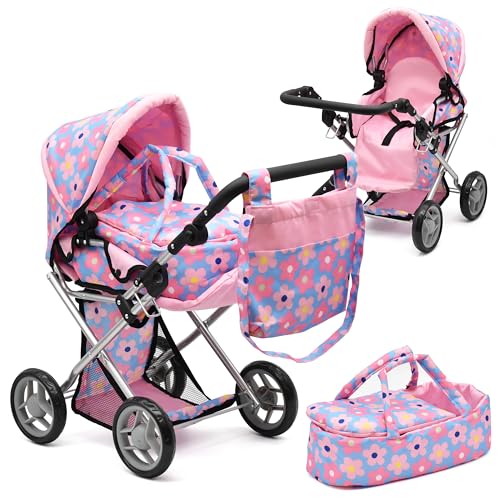 Baby Doll Convertible Pram Stroller Adjustable Handle Buggy Carriage with Canopy and Storage Basket 25 Inch Blue