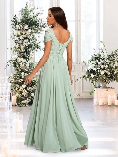 Damen Chiffon Brautjungfernkleid Lang - Off Shoulder V-Ausschnitt A-Linie Abendkleider Mit Schlitz Für Hochzeit Party Ball Festliche Kleider