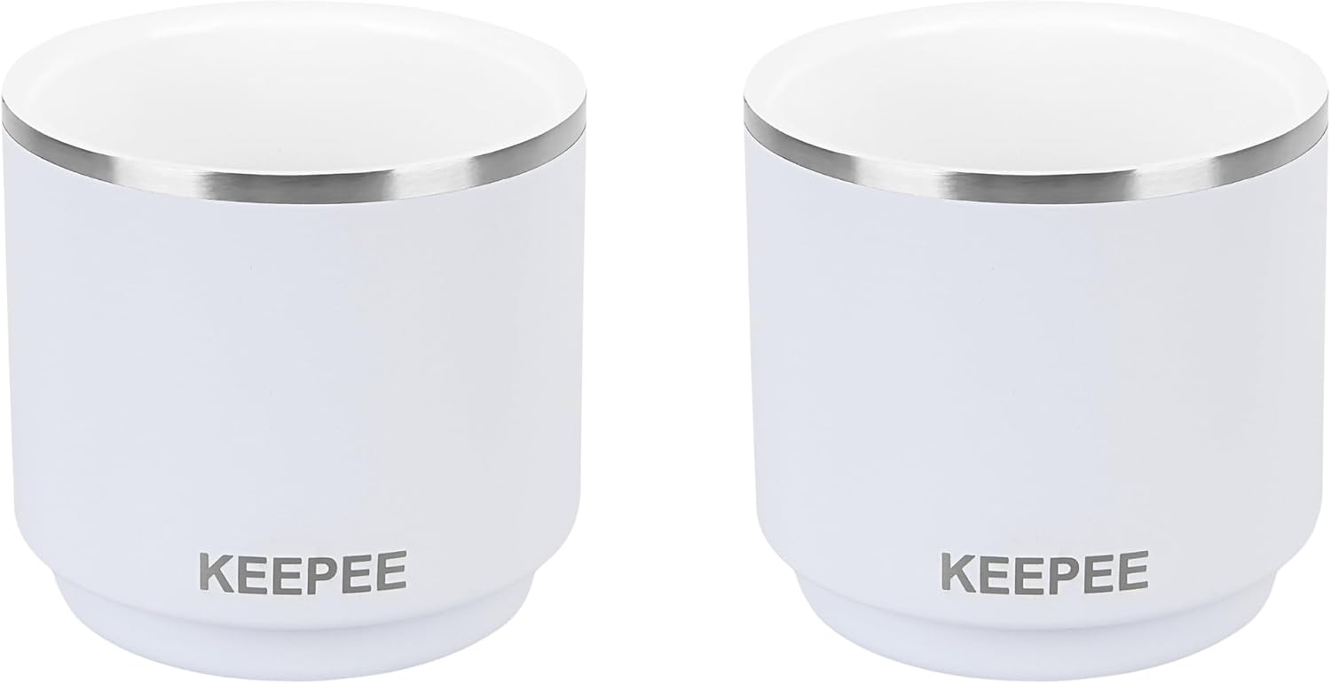 KEEPEE 4 oz Stackable Cup, Vacuum Insulated Espresso Coffee Cup with Ceramic Coating, Stainless Steel, 2 Pack, White