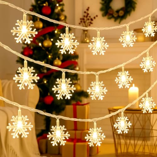 Guirnalda de luces LED con copo de nieve, 5,02 m, 30 ledes, funciona con pilas, con temporizador, 2 modos, para decoración de Navidad, dormitorio, boda, blanco cálido