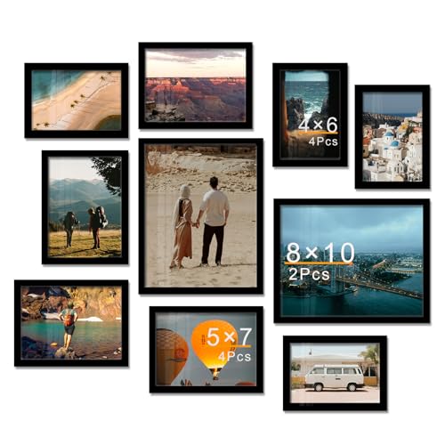 A ART·ZONE Lot de 10 cadres photo noirs – 10 x 15 cm, 12 x 17 cm, 20 x 25 cm – Ensemble de cadres photo à assortir pour décoration murale et présentation de table, collection de cadres noirs