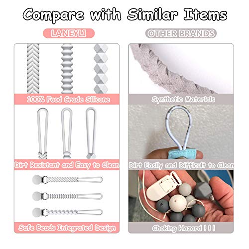 LANEYLI Pacifier Clip 100% Silicone Teether Clip Soothie Pacifier Holder for Baby Boys and Girls 2 Pack Braid Grey Black - Thumbnail 6