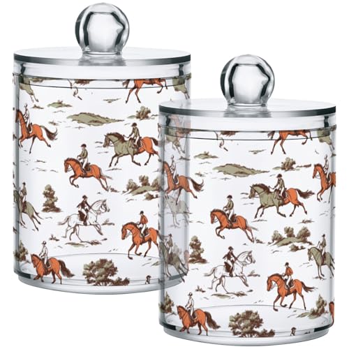 Gredecor 2 Pack Qtip Holder Clear Retro Equestrian Sport Horse Riders (1) Apothecary Jars with Lids Acrylic Bathroom Jars Vanity Countertop Canister Storage Organizer for Cotton Ball,Swabs,Pads,Flos