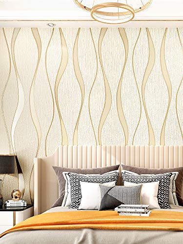 Rouleau de papier peint intissé moderne à rayures abstraites brillantes pour chambre à coucher, salon - Beige - 9,5 x 0,53 m