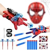 Material alta Calidad: Nuestro guantes spiderm lanza telarañas está hecho de plástico de alta calidad, seguro, no tóxico y fácil de usar. Niño pueden disparar al vidrio o al suelo, y la ventosa succionará en el suelo o vidrio, es muy interesante.Es lanza telarañas spiderm juguetes un juguete imprescindible para los fanáticosde la película Spiderm
