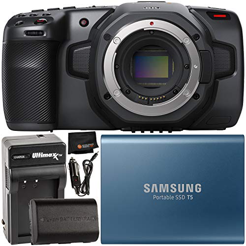 Blackmagic Design Pocket Cinema Camera 6K (EF Mount) with Samsung 500GB T5 Portable Solid-State Drive, Extended Life LP-E6 Spare Battery (2700mAh/20.0Wh), Home/Travel Battery Charger & Cleaning Cloth