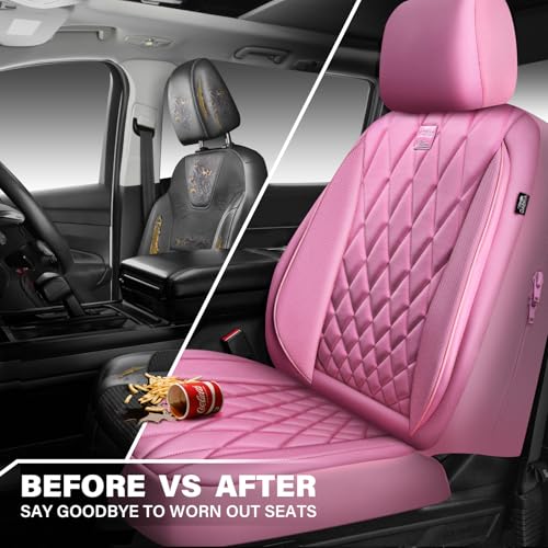 Image of CAR PASS Piping Luxury Leather Two Front Car Seat Covers, Cute Girly Waterproof Anti Slip Seat Covers Compatible with Front Seat Armrests,Universal Fit for Suvs,Vans,Trucks,Airbag Compatible(All Pink)