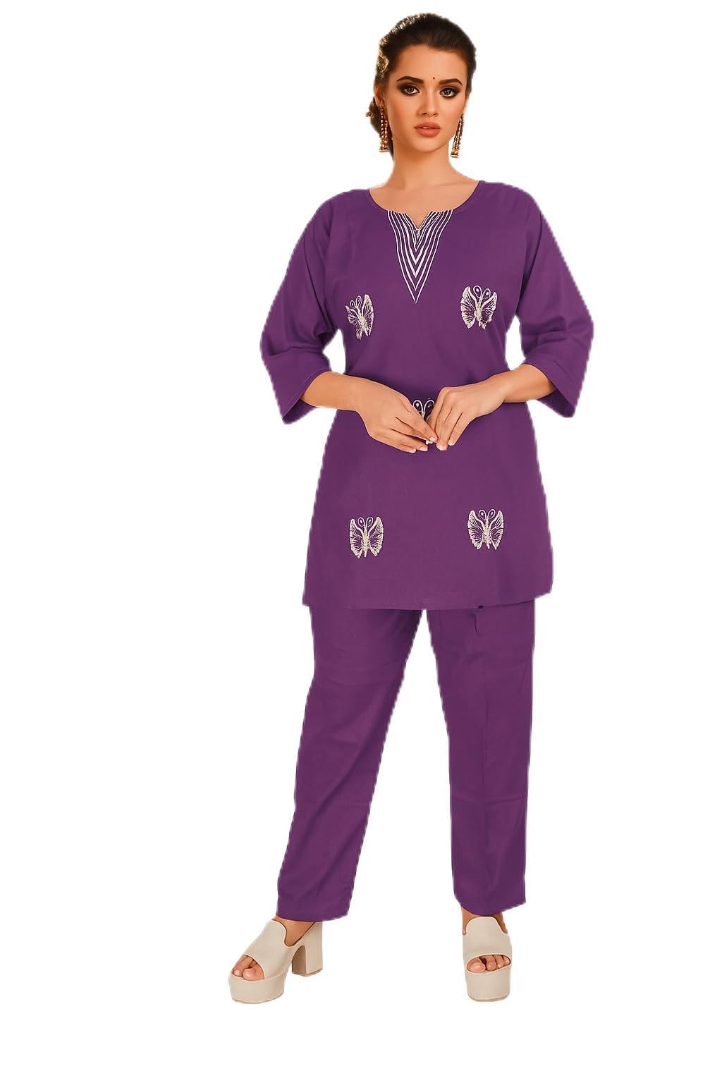Women's Purple Butterfly Embroidered Co-ord Set, Traditional Ethnic Wear, 3/4 Sleeve Tunic Top with Pants-image-41