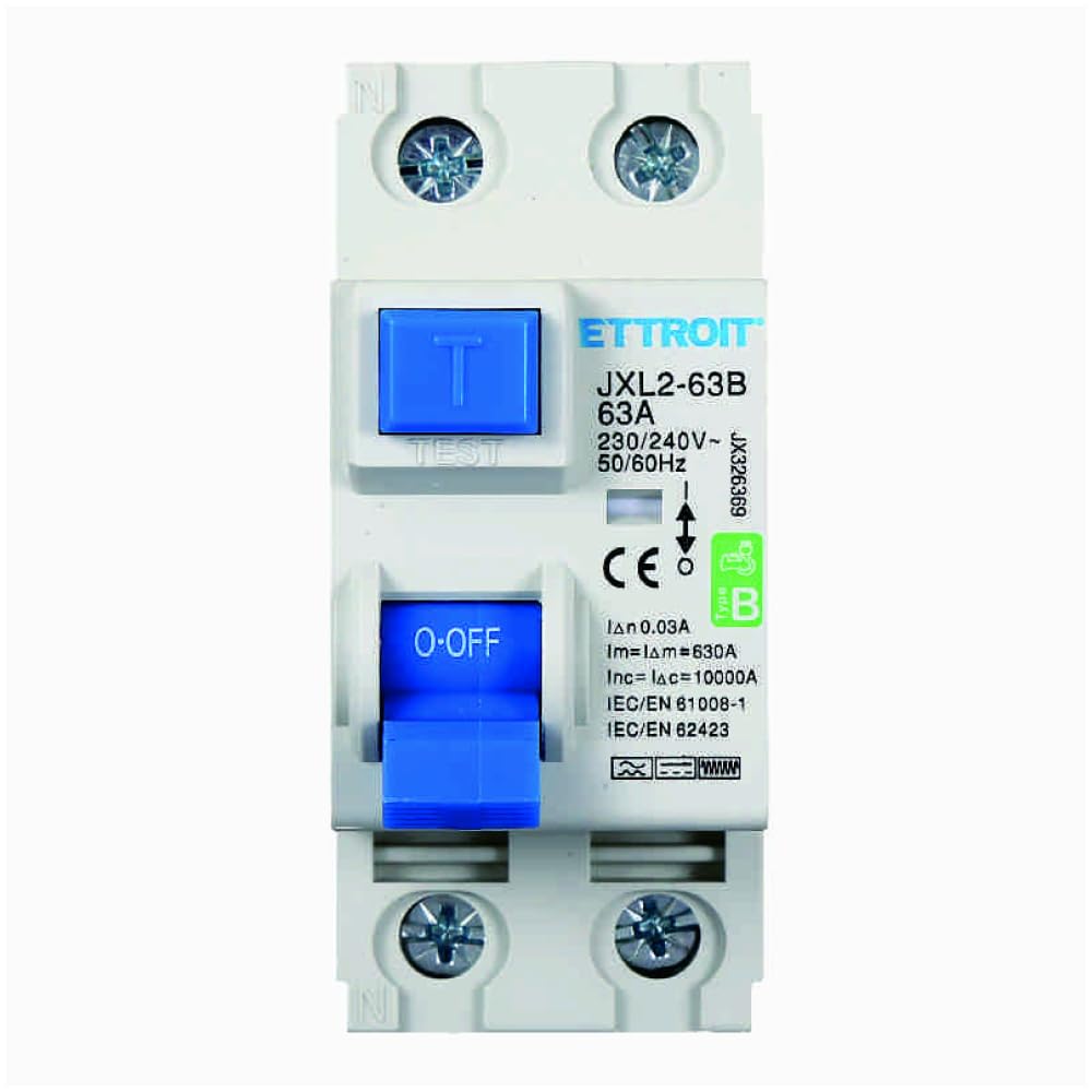 Interruttore magnetotermico differenziale puro 2P, 2 moduli, 230V AC/DC, 63A, 30mA, 6KA, curva B - Ettroit JX326369