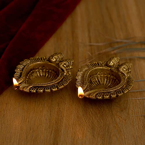 Image of Brass Akhand Diya (9x7x2 cm and 400g) Small Ethnic Design Handmade Curved Oil Wick Antique Kuber Deepak Lamp for Home Decor Temple Puja Office Counter Decoration Festival Gift (Pack of 2)