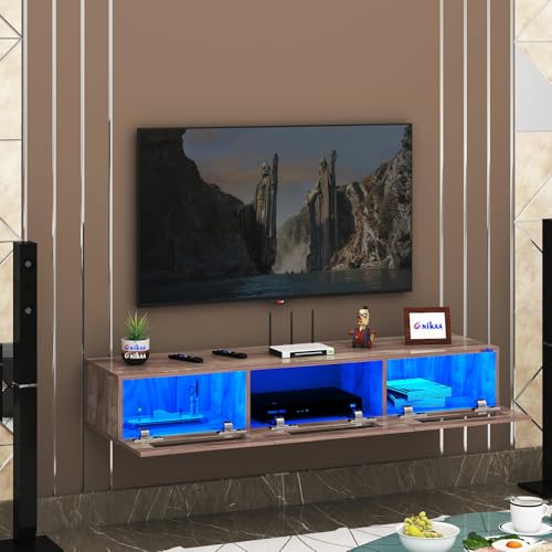 Image of Anikaa Rayza Wall Mount Modern Floating TV Unit for Living Room | 3 Closed Storage cabinets with hinged Door - 3 Blue LED Light | Ideal for UP to 65 Inch TV Coachwood Finish - DIY Installation